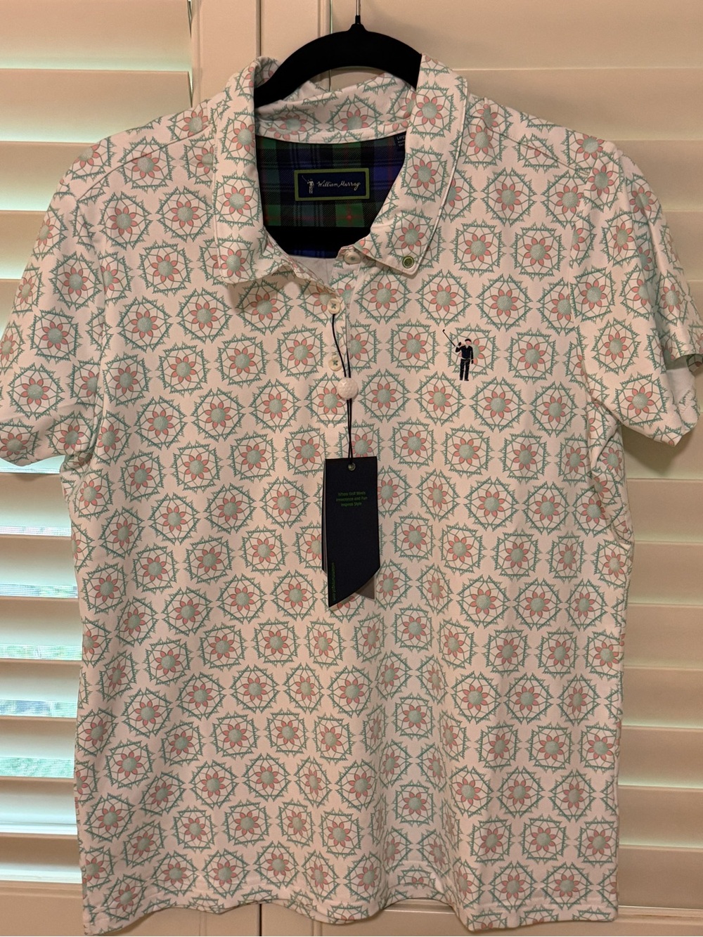William Murray Golf White Polo with Coral and Light Green Geometric Print